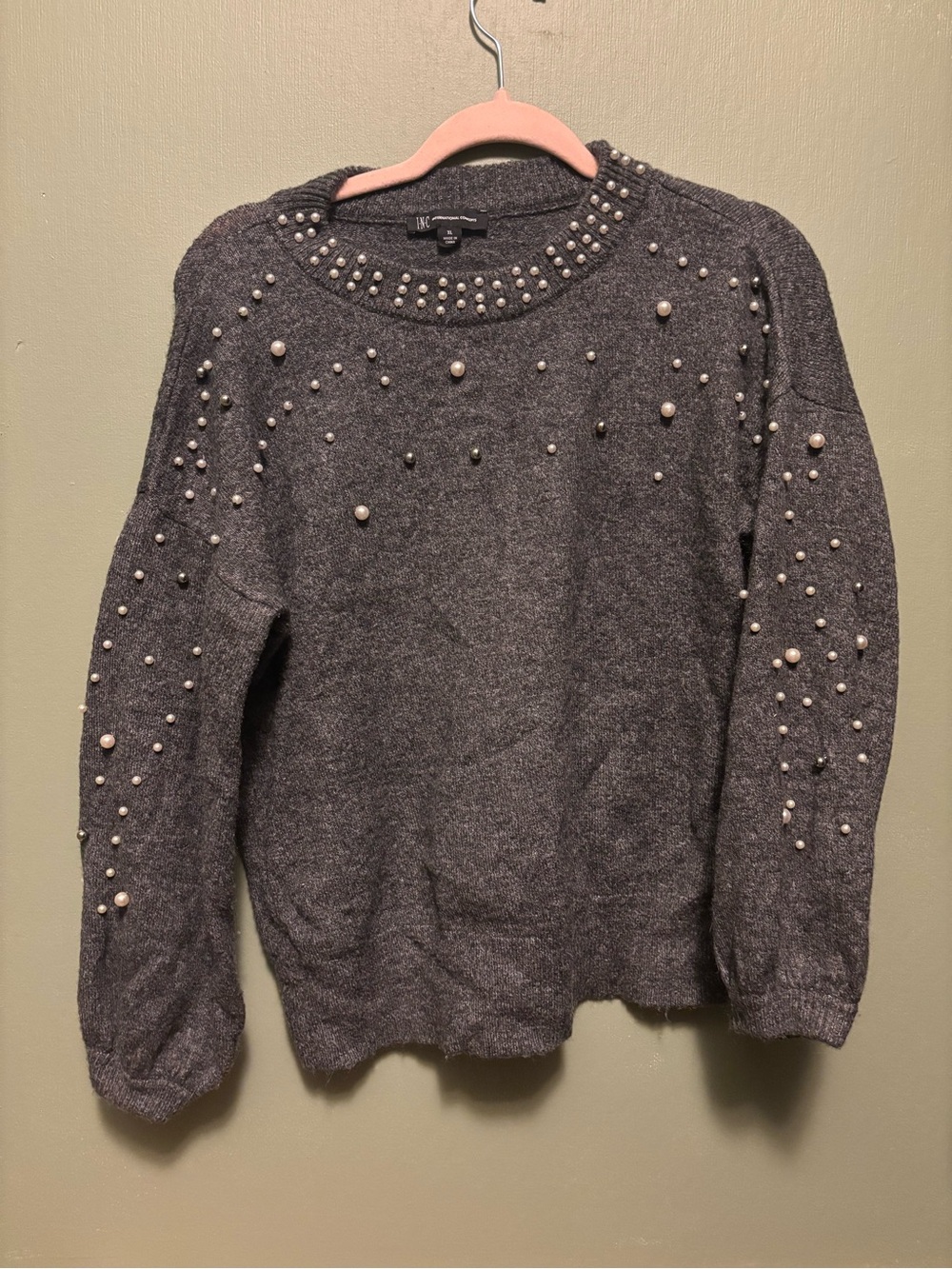 INC International Concepts Gray Pearl-Embellished Crewneck Sweater